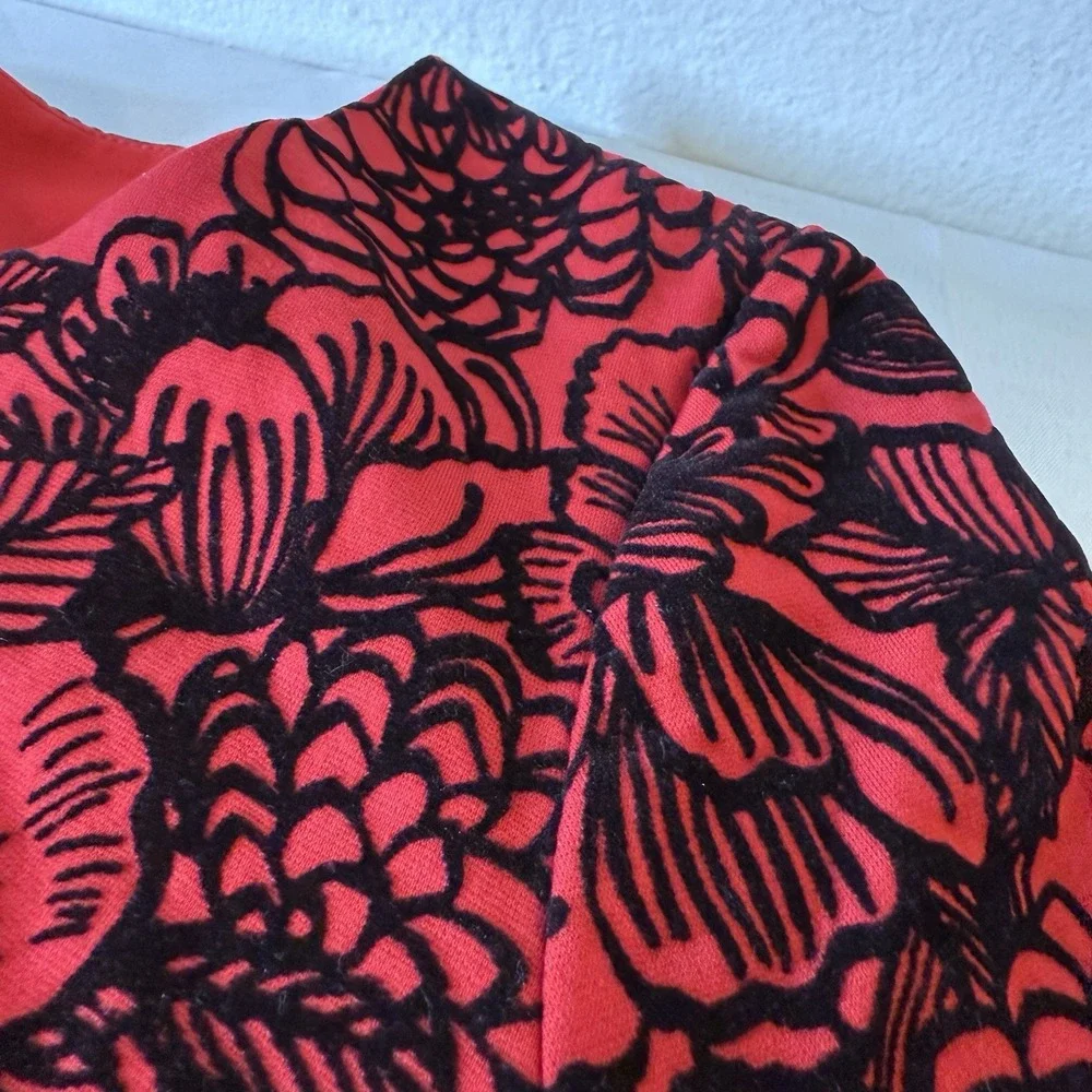 Lands End‎ Red Black Velvet Floral Fit And Flare Dress 3/4 Sleeve Women's Medium